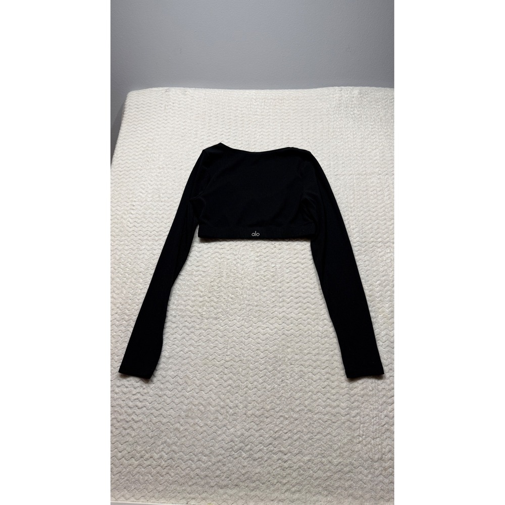 Alo Yoga Black Ribbed Long Sleeve Wrap V-Neck Crop Top Logo Activewear 4983